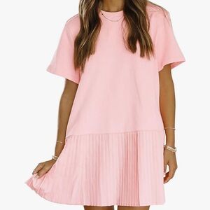 Pink Pleated Short Sleeve Dress